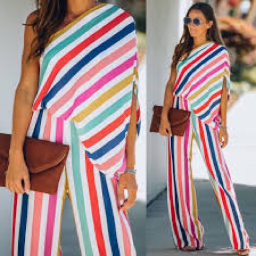 VICI CIRCUS STRIPED ONE SHOULDER JUMPSUIT